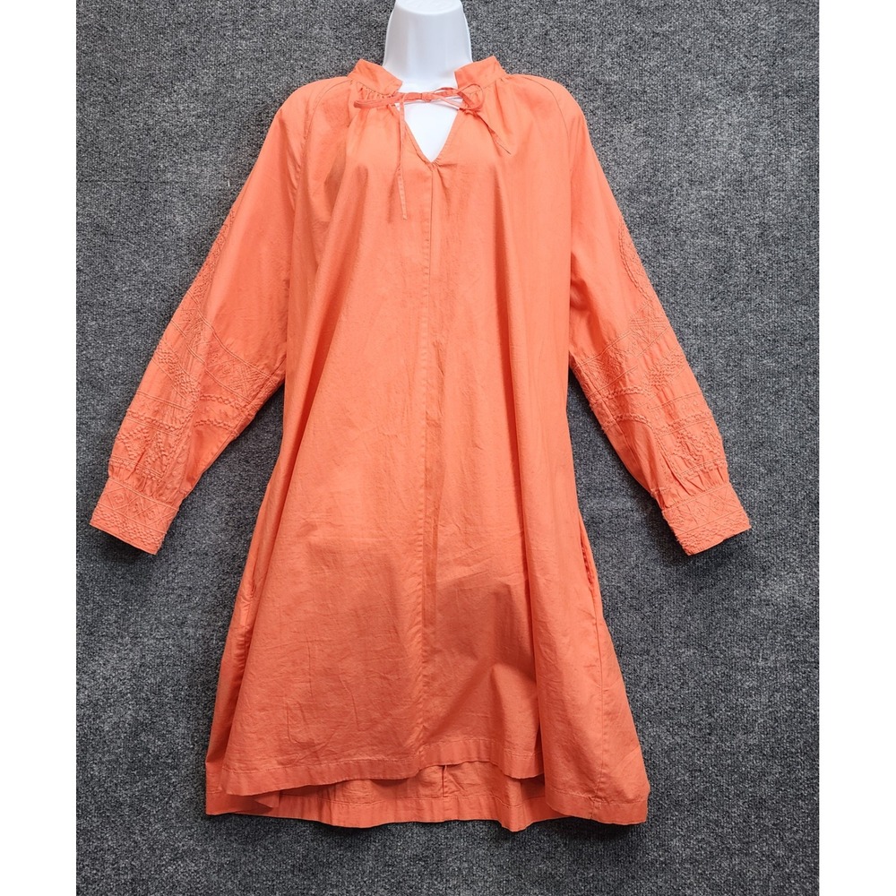 Chico's Embroidered Boho Tunic Dress Women XL Size 3 Orange Cotton Peasant Dress